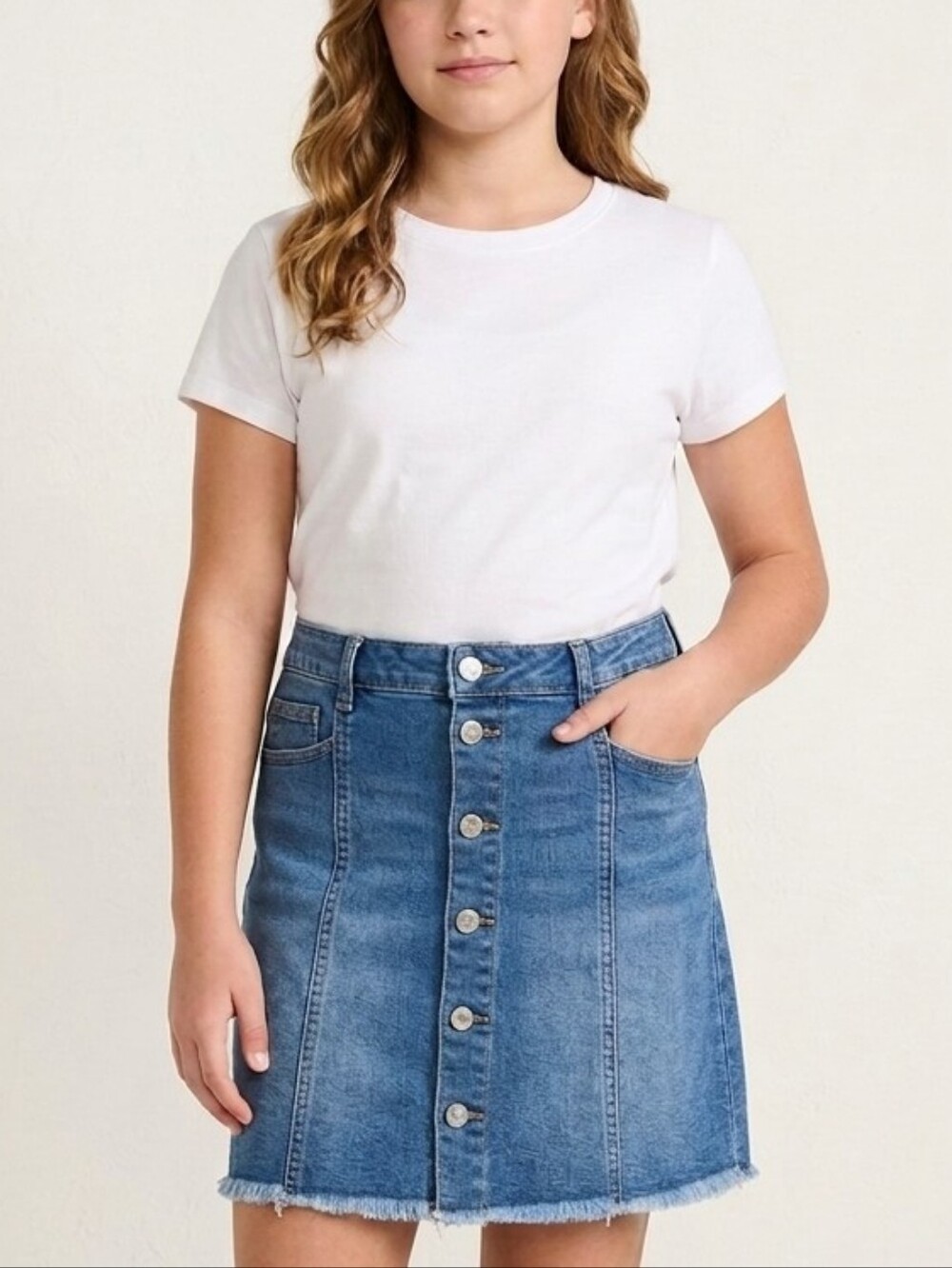 Wonder Nation Girls XL Plus Denim Skirt Button Front Raw Hem A-Line Jean Skirt